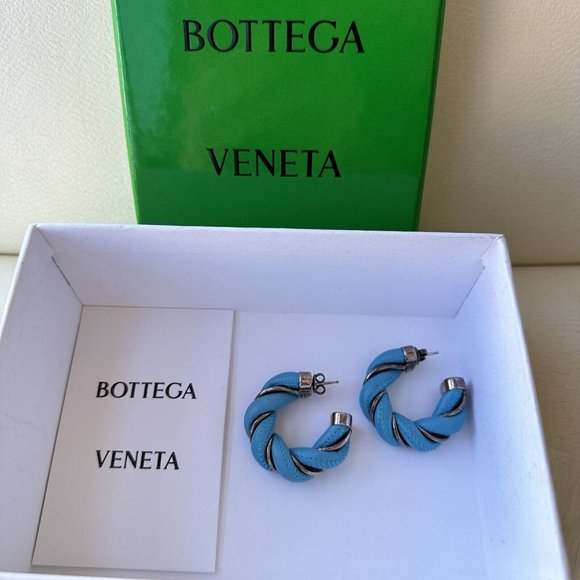 NEW BOTTEGA VENETA Twist Blue Silver-plated Leather Hoop Earrings Round - Picture 2 of 6